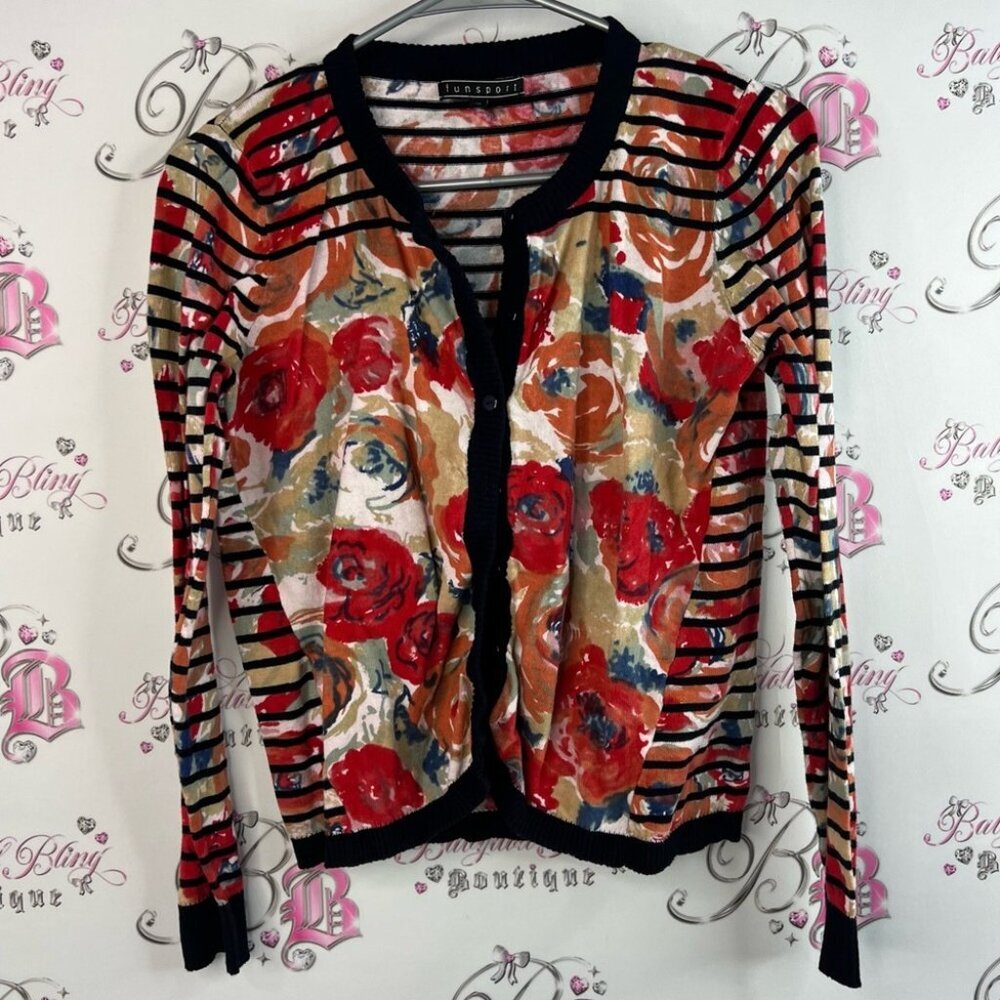 Funsport button up cardigan long sleeve  Floral Striped Cardigan - Red and Cream